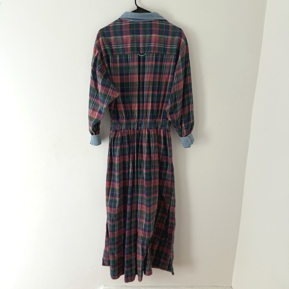 Vtg 90s Plaid Flannel Maxi Dress M Tall Denim Collar Long Sleeve Cotton Cabin - Picture 2 of 10